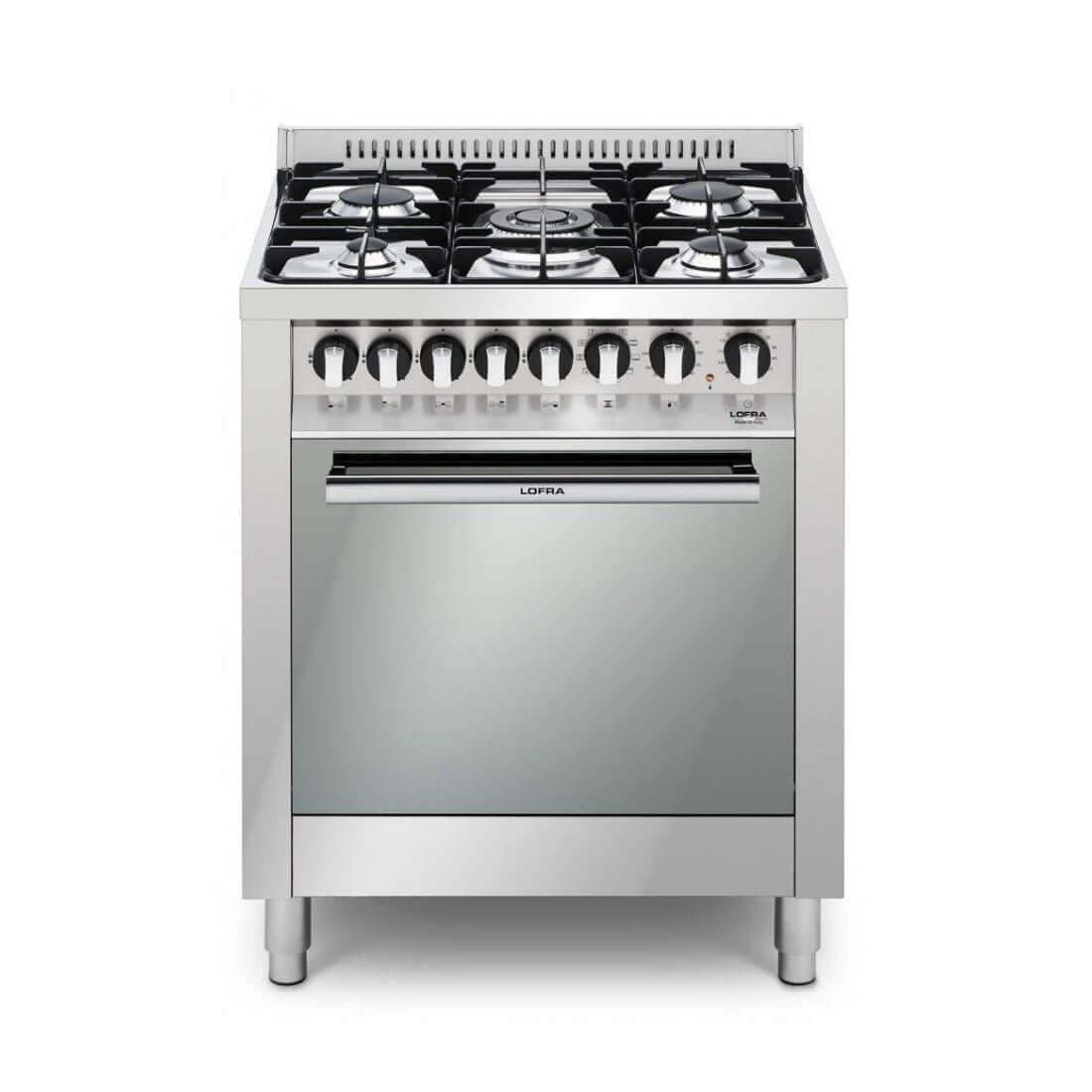 Fogão Lofra New Maxima 5 bocas, inox polido, forno elétrico de 72L, queimadores profissionais e segurança gás stop.